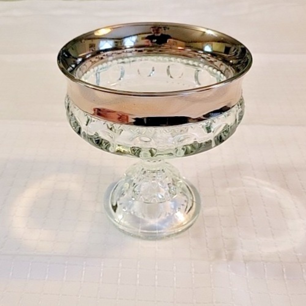 Kings Crown Platinum & Clear Thumbprint Candy Dish Pedestal Glass Bowl